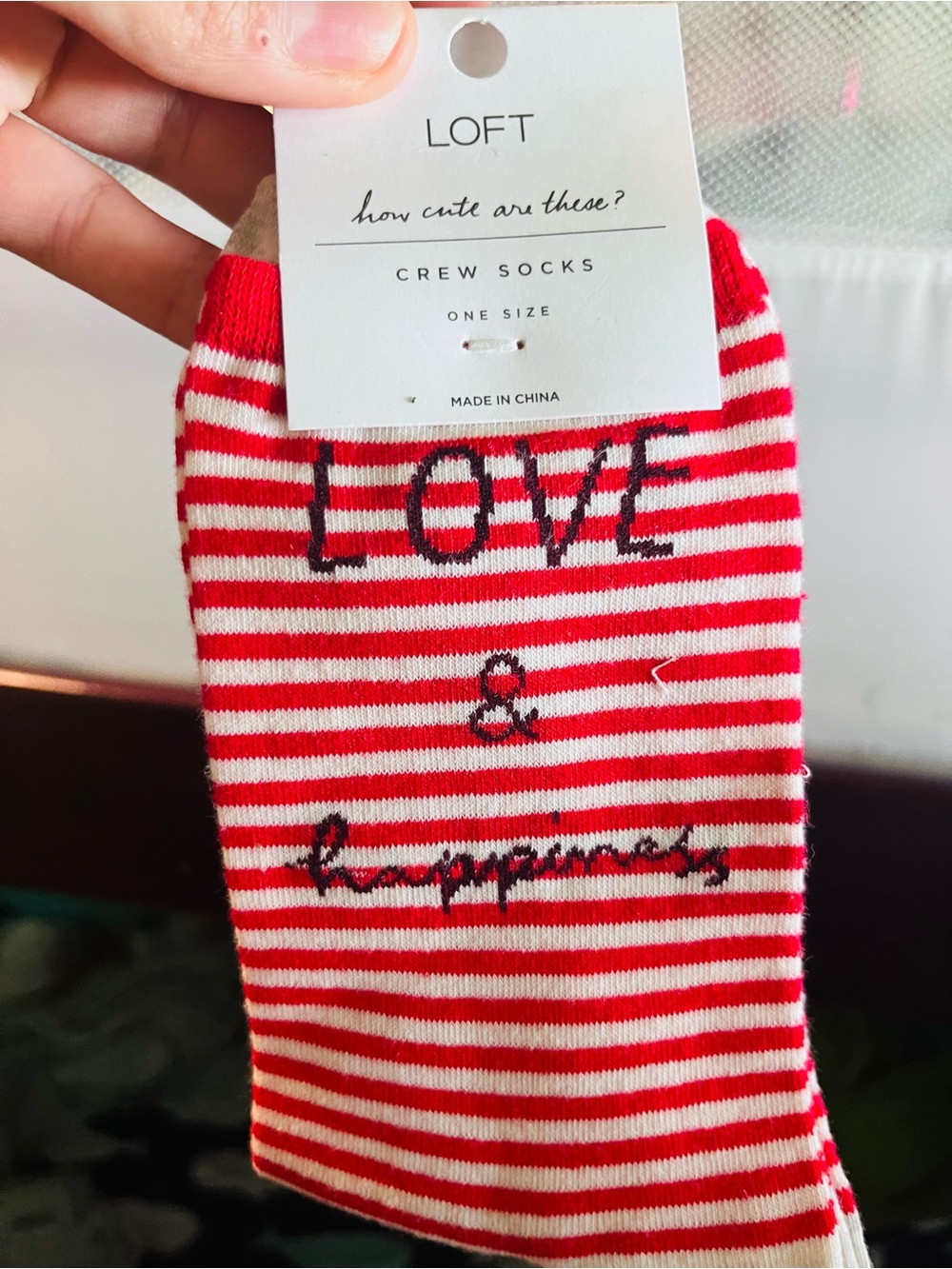 LOFT Red and White Striped Crew Socks with 'Love & Happiness' Embroidery